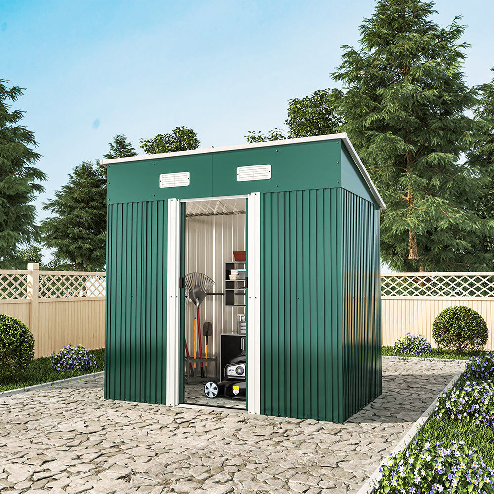 4x6ft Metal Garden Storage Shed with Pent Roof & Sliding Door