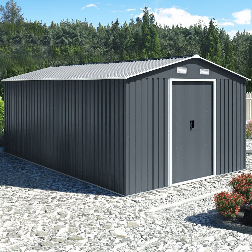 12x10ft Large Metal Garden Shed with Apex Roof & Sliding Doors