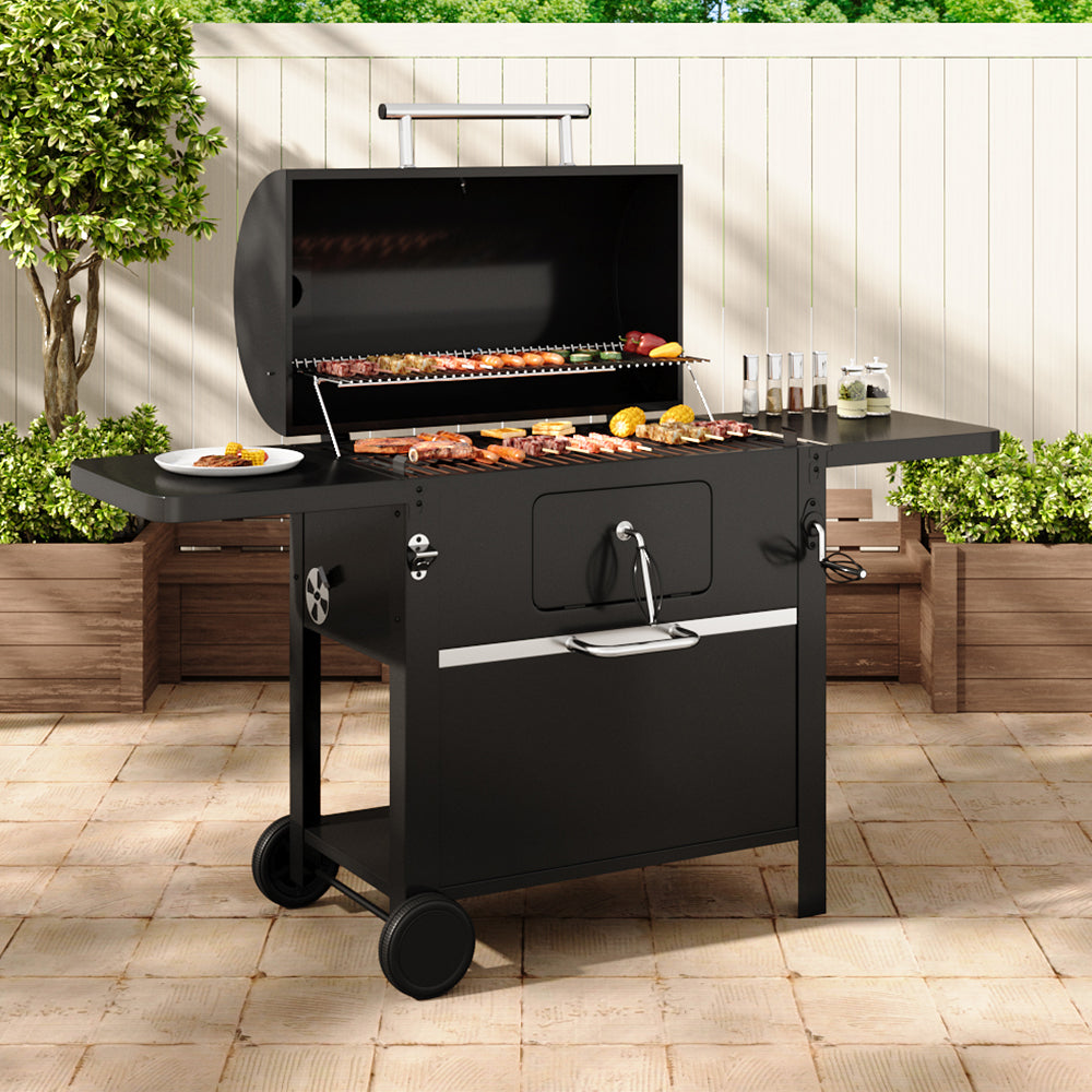 Black Outdoor Carbon Steel BBQ Grill with Smoke Stack and Wheels – Heavy-Duty Charcoal Grill for Garden or Patio