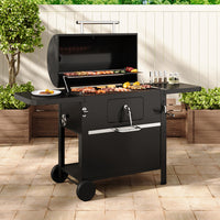 Black Outdoor Carbon Steel BBQ Grill with Smoke Stack and Wheels – Heavy-Duty Charcoal Grill for Garden or Patio
