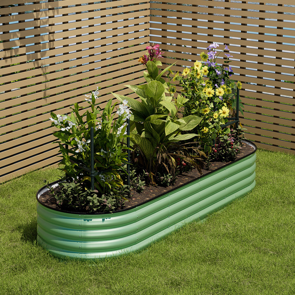 Light green oval raised garden bed – weather-resistant outdoor planter made from galvanized steel for long-lasting use