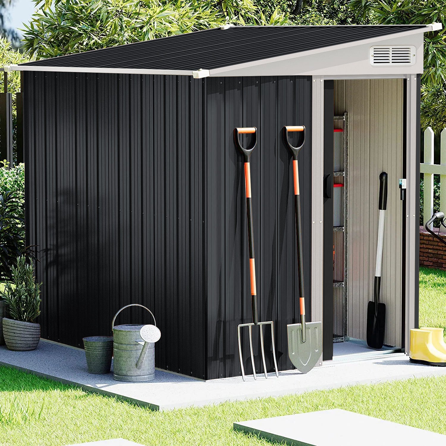 5x7ft charcoal black pent roof tool shed with sliding doors – durable outdoor garden storage