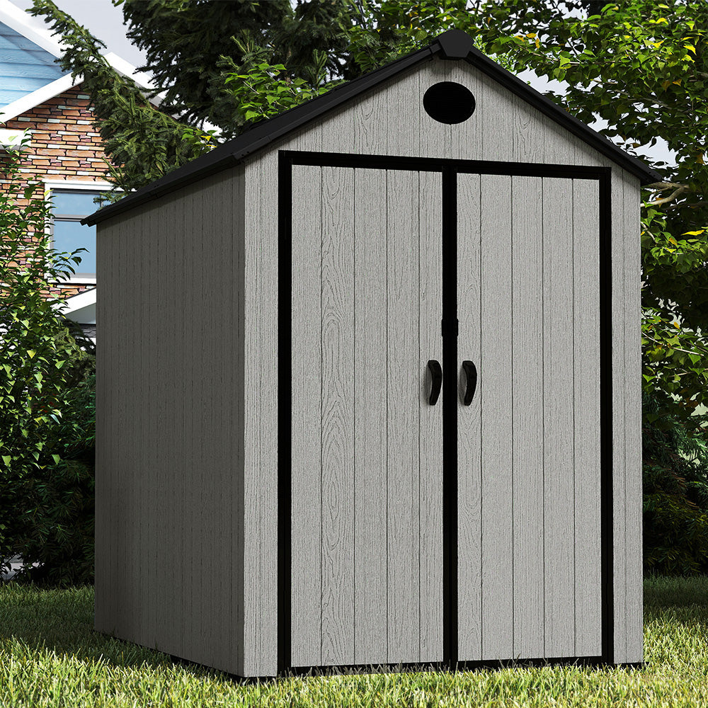 6ft Grey Wood Grain Tool Shed with Apex Roof & Lockable Door