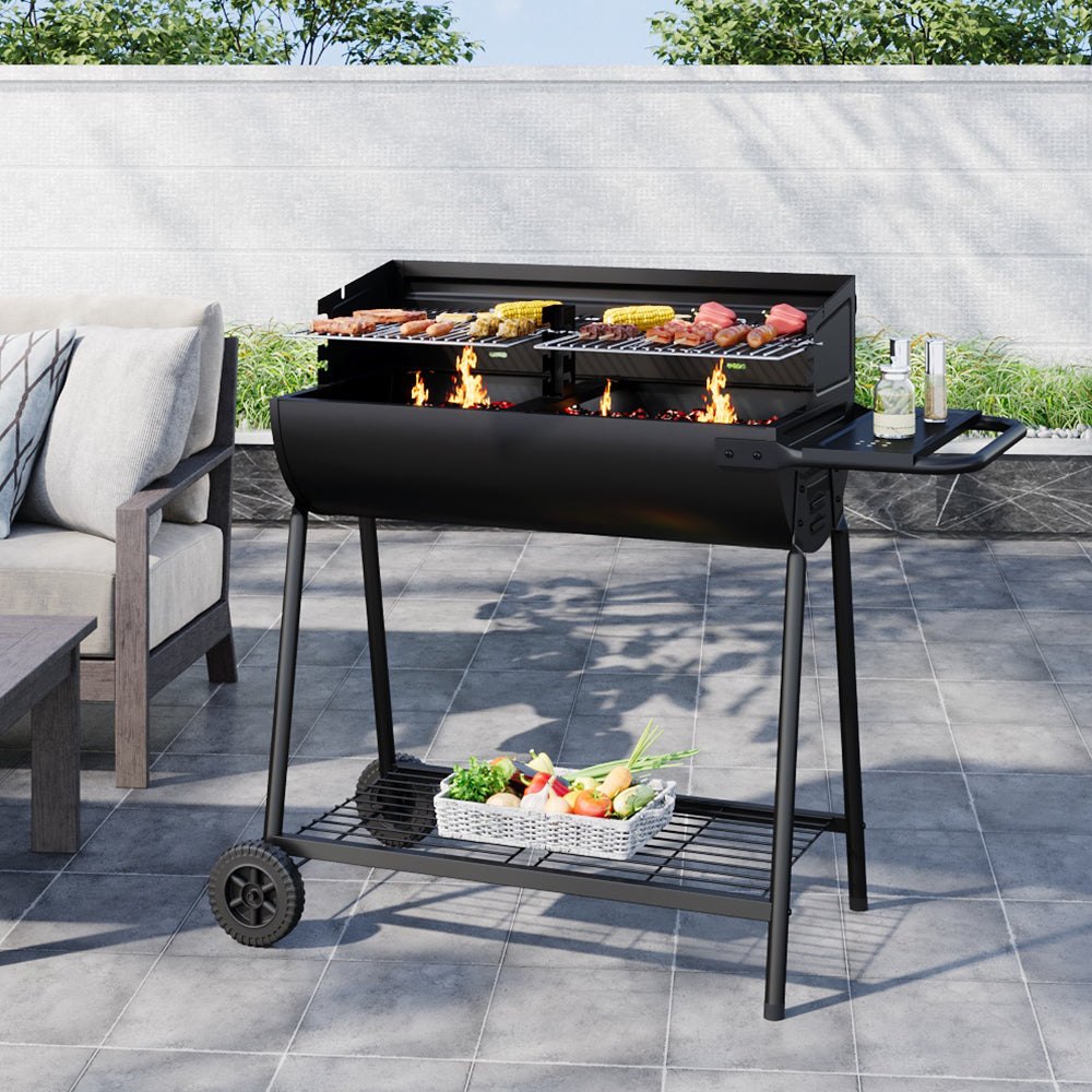 Black Outdoor Garden Charcoal Grill with Wheels and Foldable Side Table – Portable BBQ for Patio or Camping