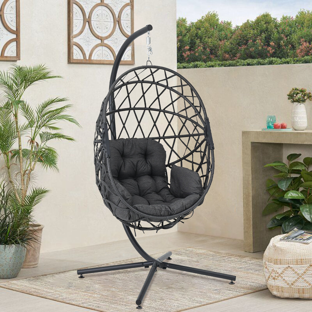 Black Rattan Patio Swing Chairs with Stand and Cushion