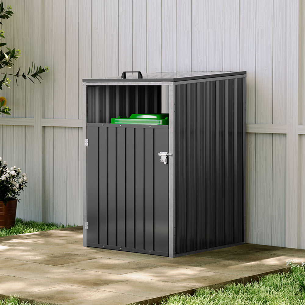 3x3ft charcoal black metal garbage shed placed against wall – right side view of outdoor bin storage