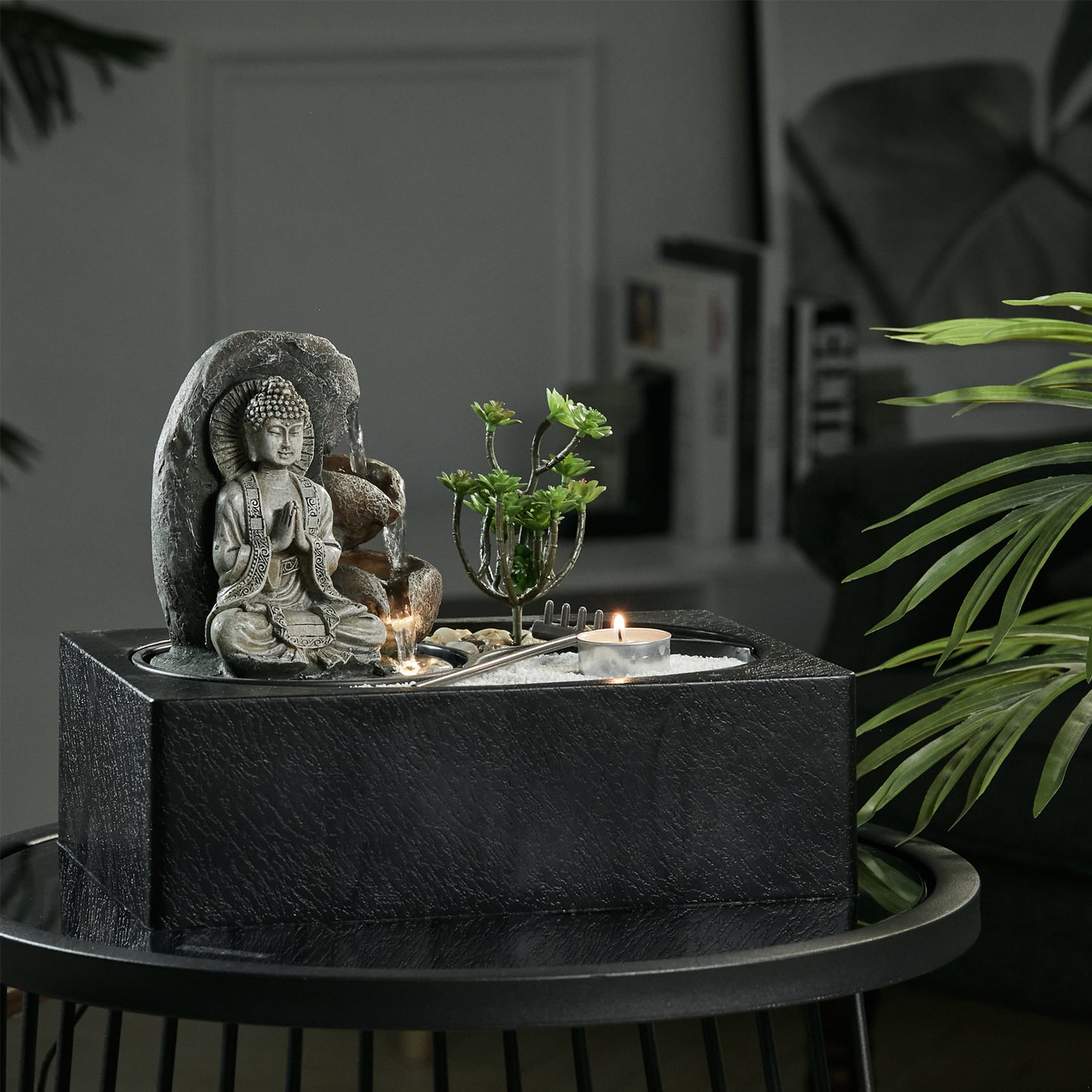 Tabletop Indoor Water Fountain with LED Light and Zen Garden