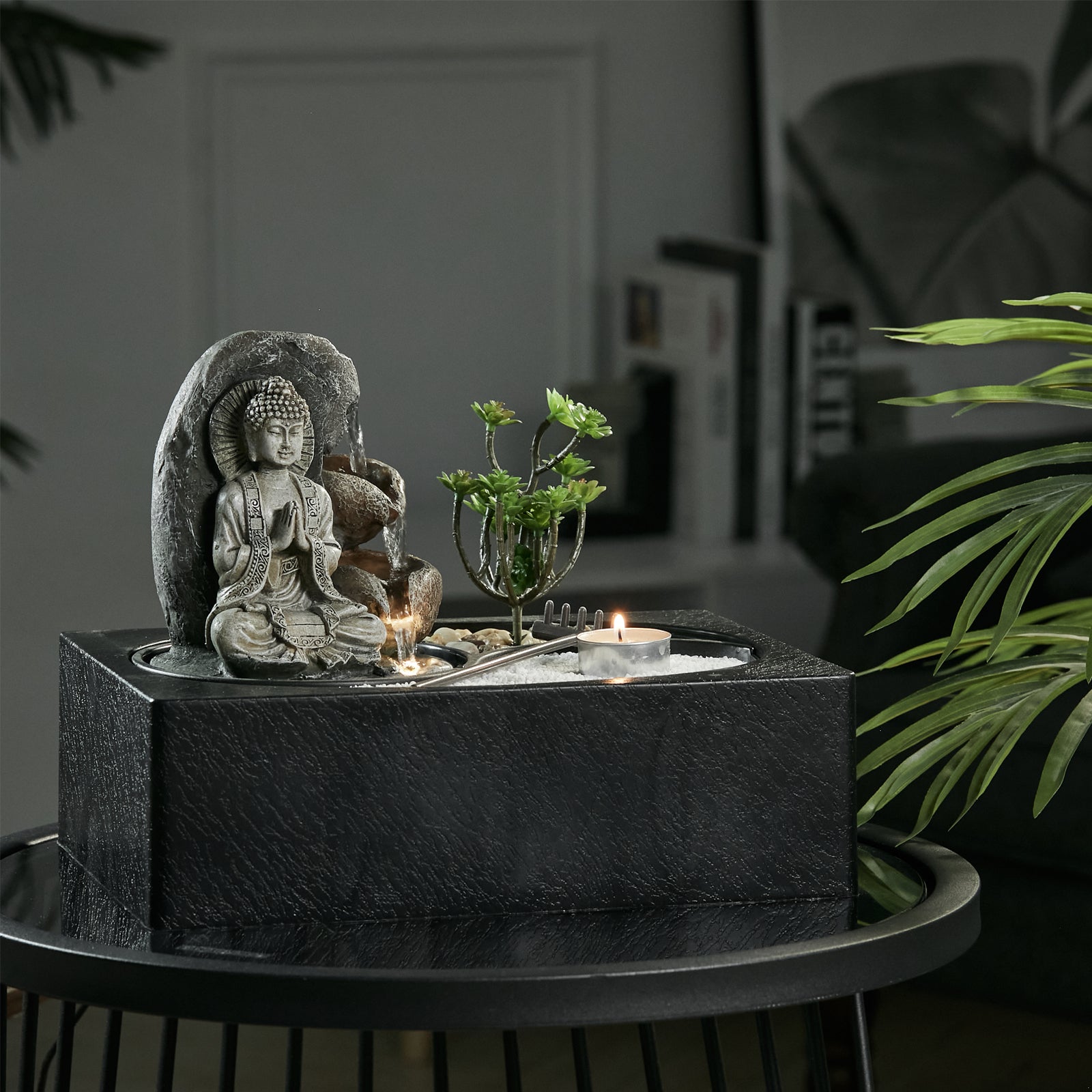 Tabletop Indoor Water Fountain with LED Light and Zen Garden