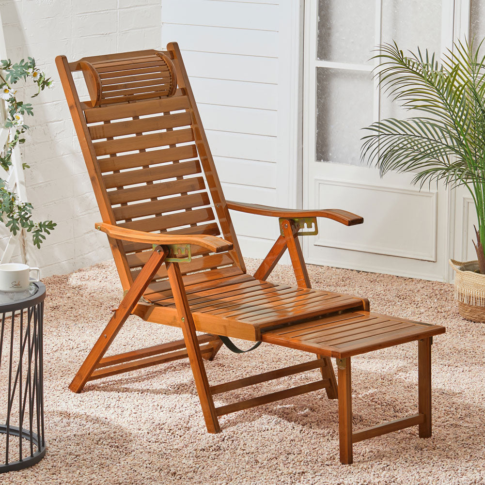 Brown bamboo reclining chair placed on garden deck – outdoor comfort solution