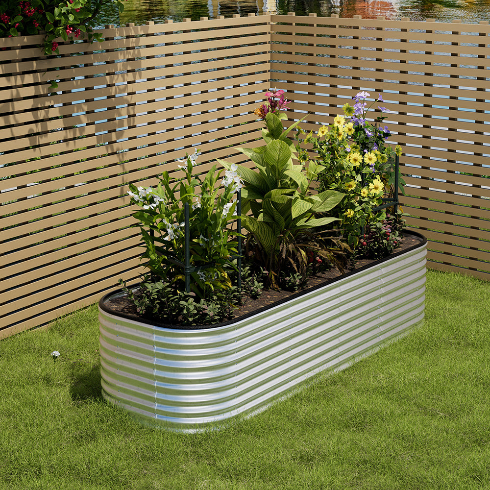 Galvanized silver oval-shaped raised garden bed – weatherproof outdoor planter made from durable galvanized steel