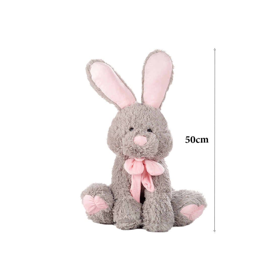 Grey plush rabbit stuffed doll with long pink ears and bow, 50 cm height