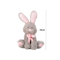 Grey plush rabbit stuffed doll with long pink ears and bow, 50 cm height