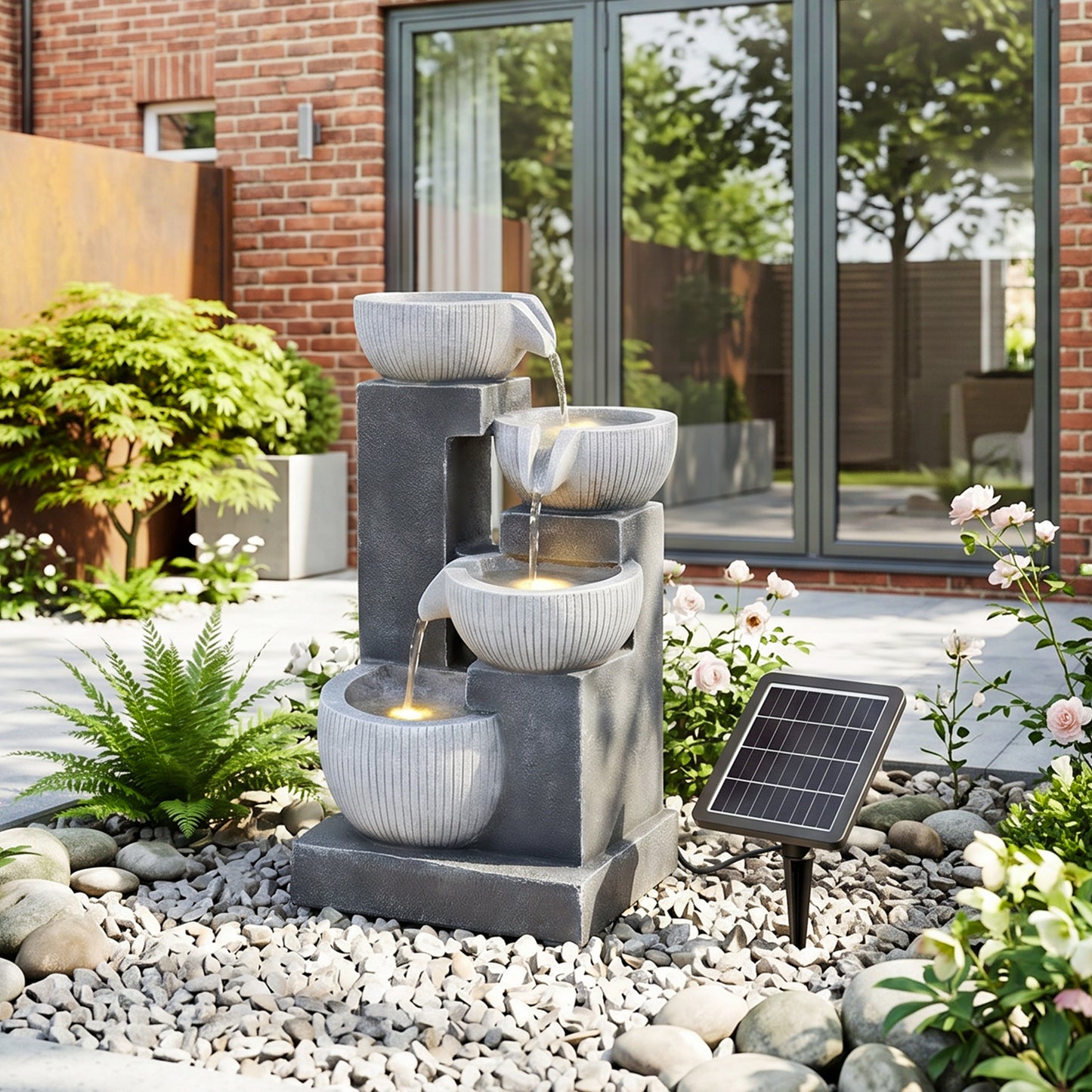 Solar-Powered Garden Water Fountain with Natural Stone Design and LED Lights