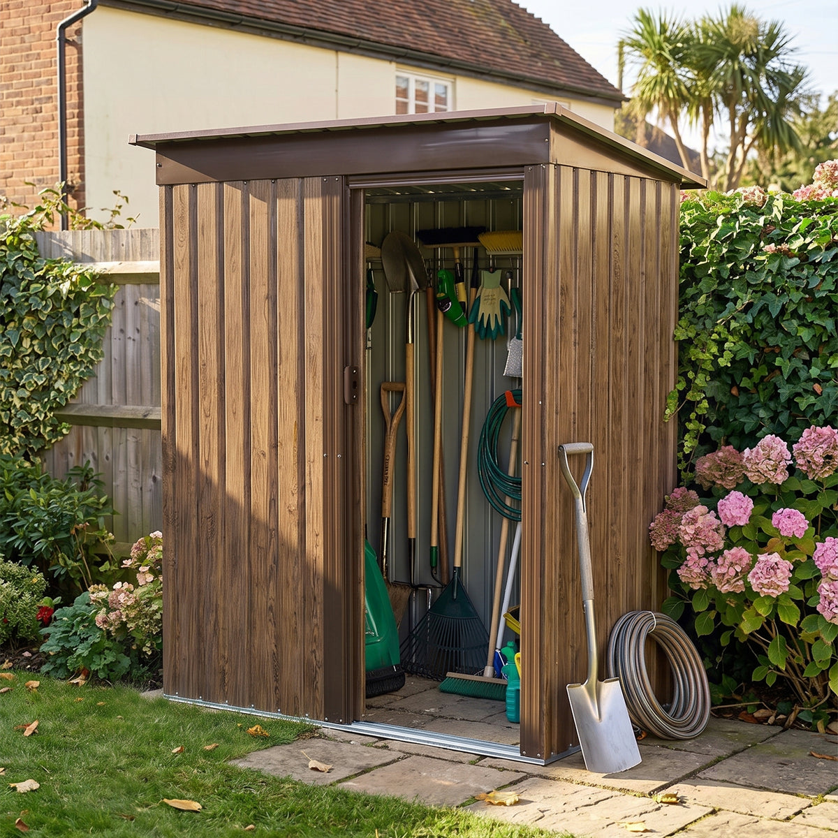 5x3ft Wood Grain Metal Garden Shed With Lockable Door
