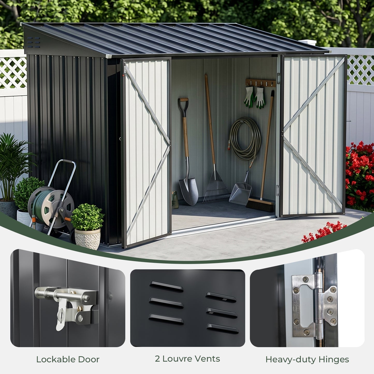 10x5FT Metal Garden Storage Shed with Lockable Double Doors