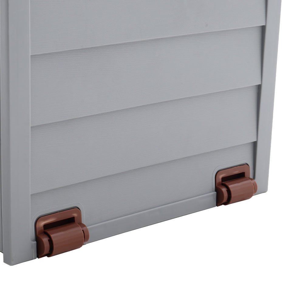 close-up of wheel and base corner of brown garden storage box – sturdy and mobile design