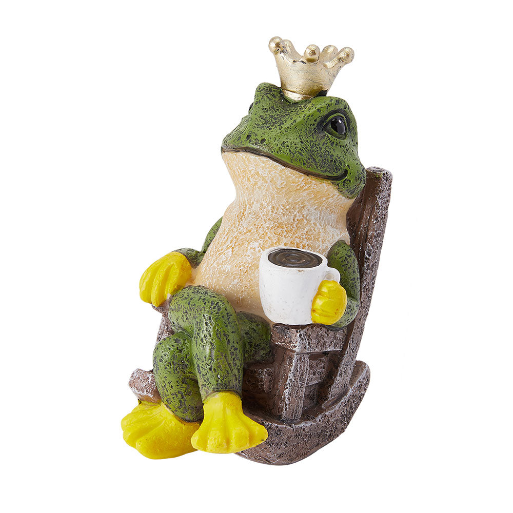 Resin frog prince figurine tabletop ornament side view, crown and mug on brown stone base
