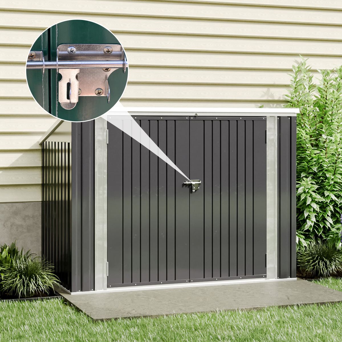 Close-Up of Locking Mechanism on Grey Steel Garden Bin Shed – Secure Outdoor Storage