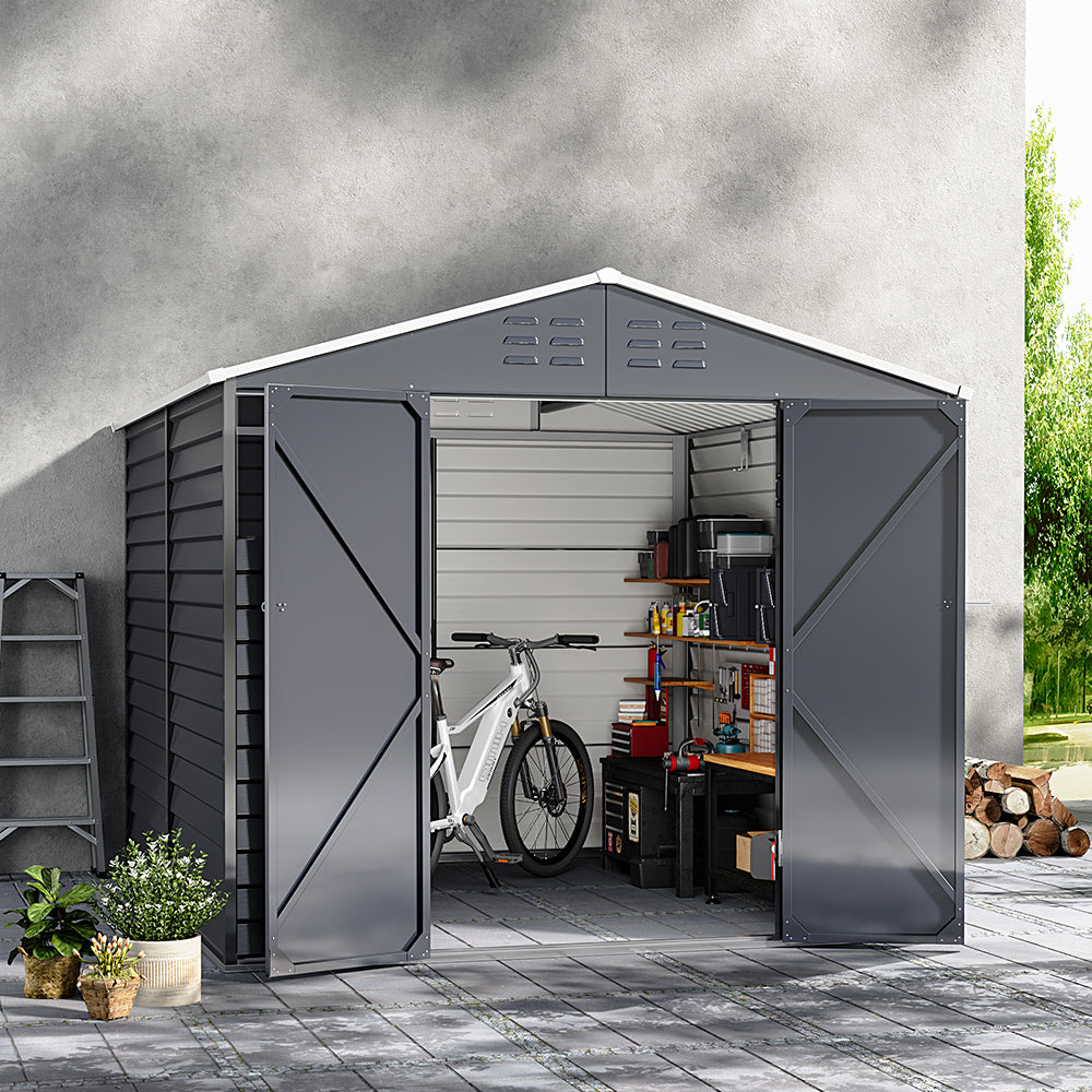 garden scene showing 8x9ft charcoal steel tool shed with open doors storing outdoor tools and equipment