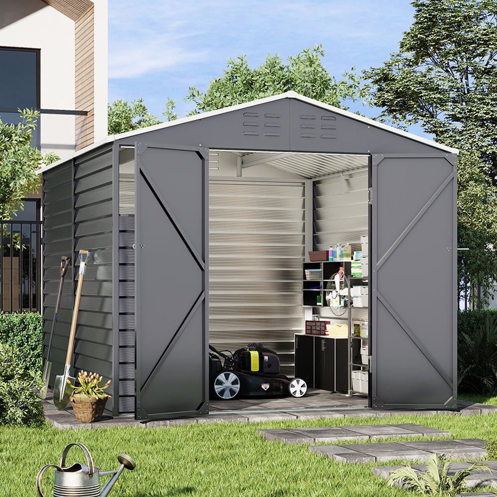 backyard view of 8x9ft charcoal steel tool shed with open doors and organized garden tool storage